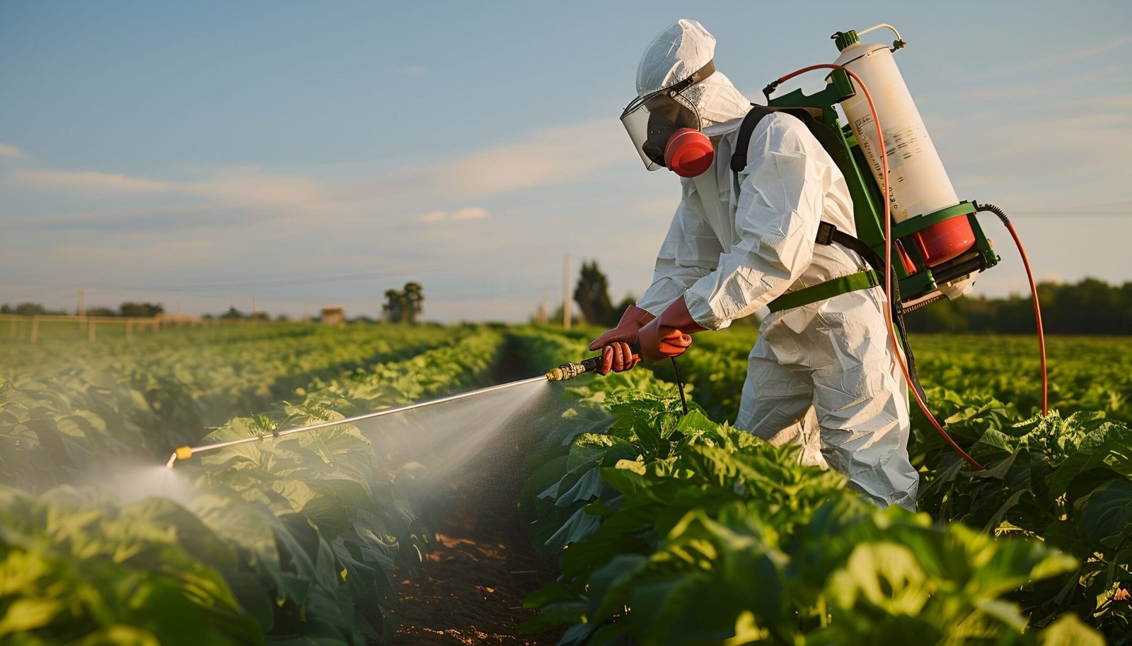 Protective-suited worker applying treatment to a crop field