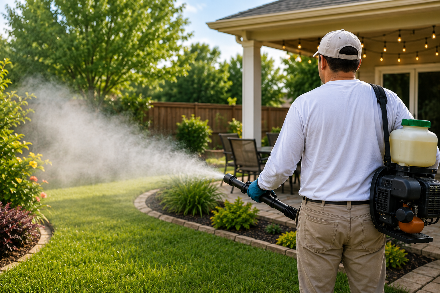 Technician spraying plants during an outdoor pest treatment