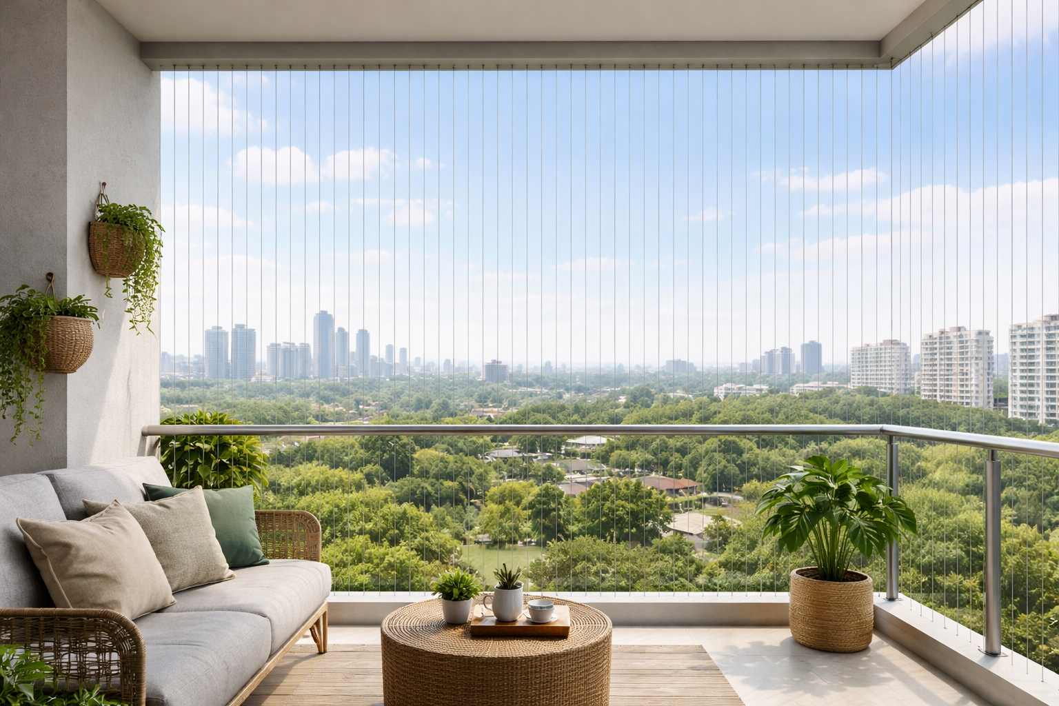 Open balcony protected by discreet vertical safety wires