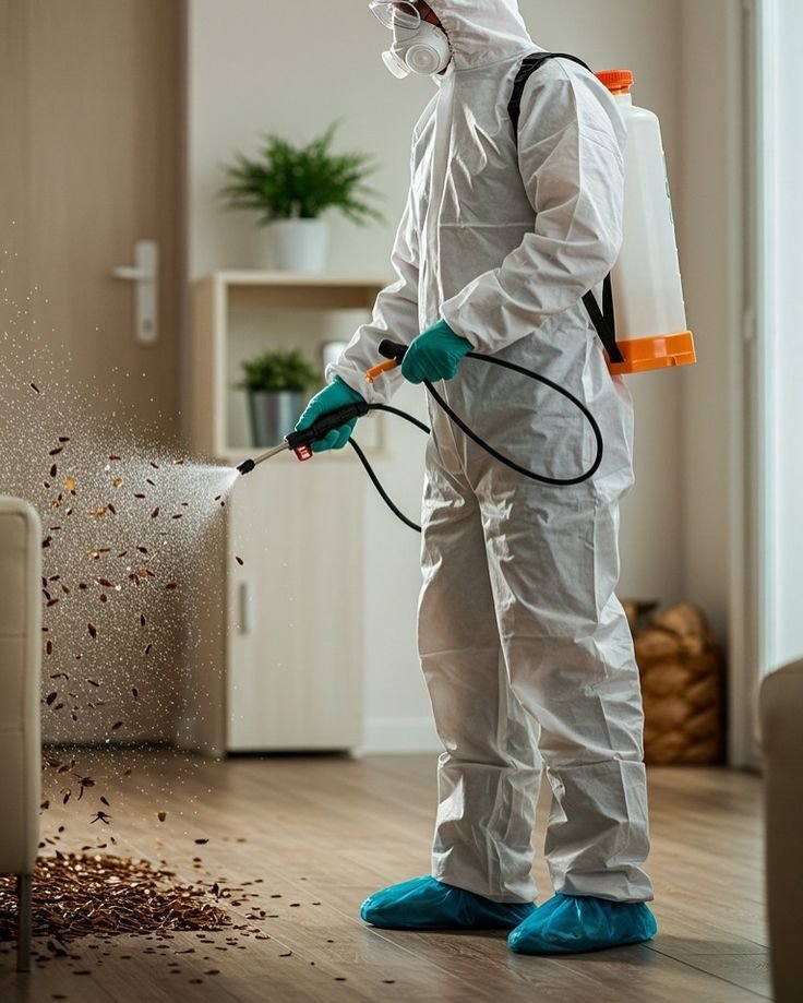 Pest control technician applying a targeted outdoor treatment
