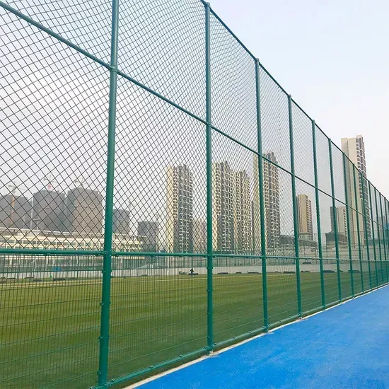 Long sports field enclosed with a protective net